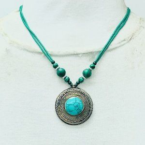Turquoise Beaded Pendant Necklace, Ethnic Tribal Light Weight Necklace, Chunky